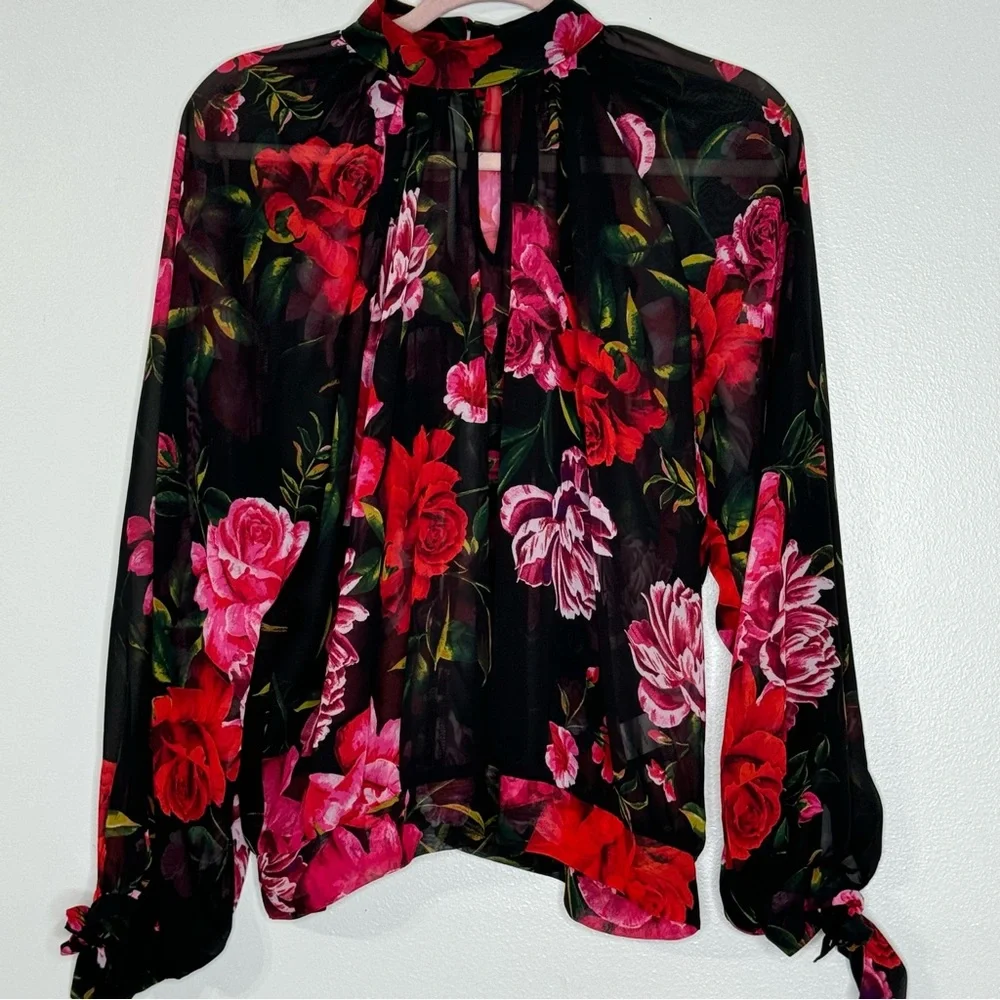 New York & Co 7th Avenue Design Studio Black & Pink Floral Print Sleeve Blouse - Picture 2 of 9